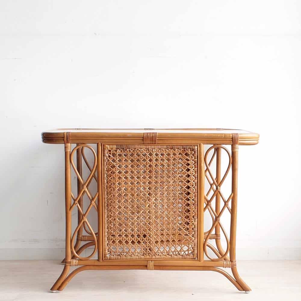 ビンテージ ラタンのカフェテーブル ガラス天板 籐 レトロ ZR24192