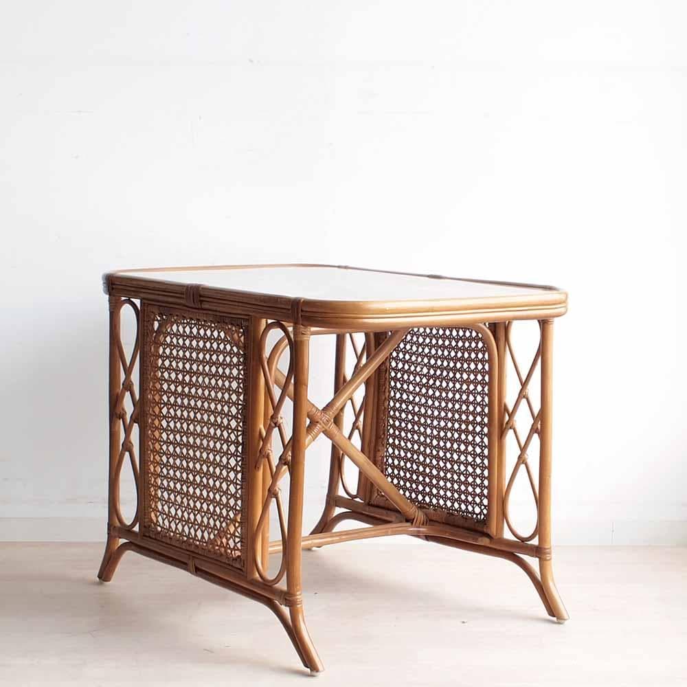 ビンテージ ラタンのカフェテーブル ガラス天板 籐 レトロ ZR24192