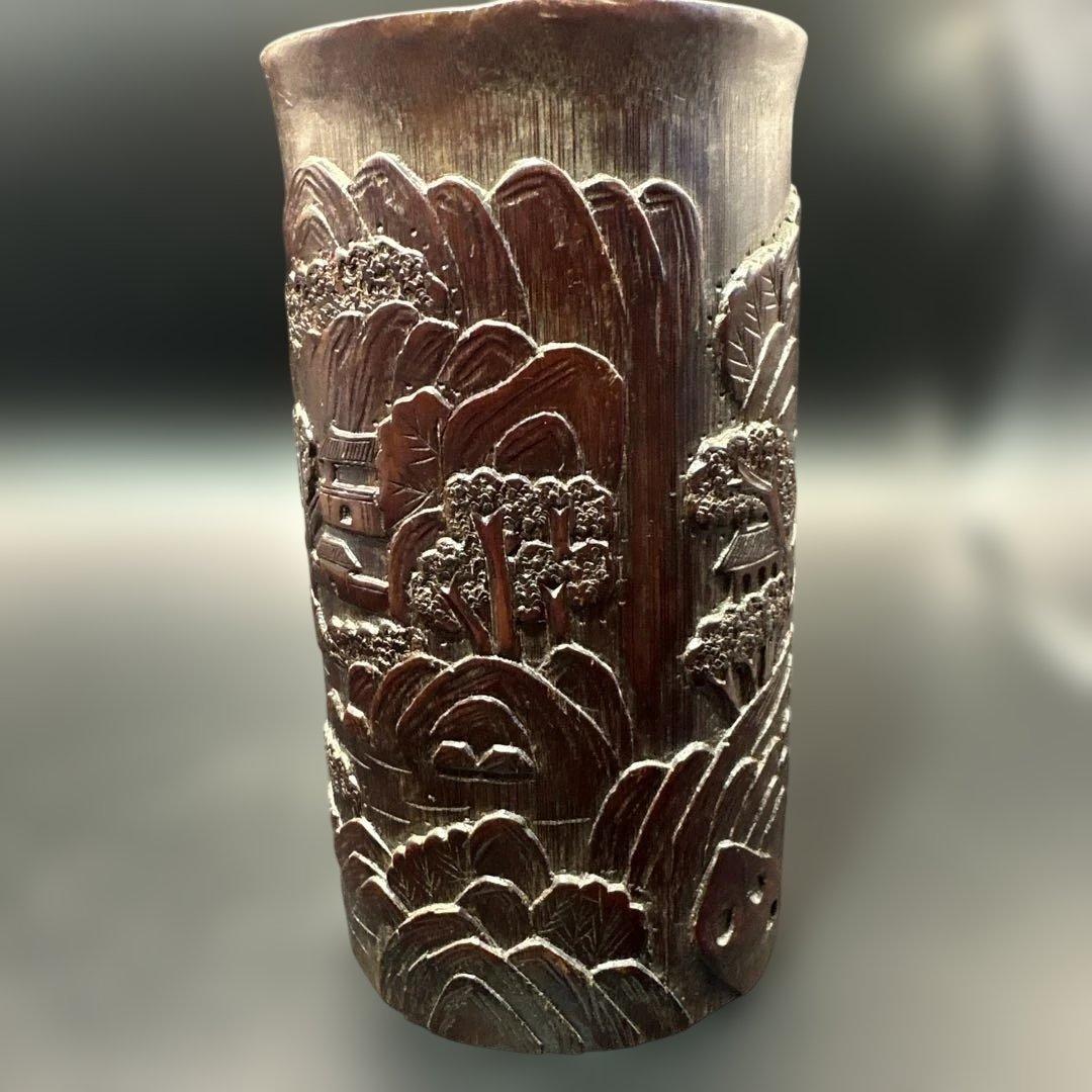 中国，竹彫刻，彫刻，置物，筆入り