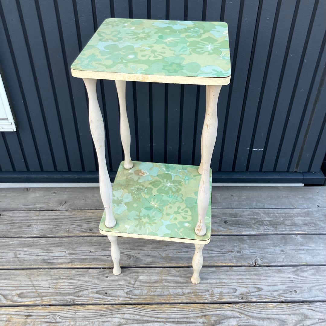 昭和レトロ ミッドセンチュリー 花柄2段木製ラック サイドテーブル 飾り棚 花台