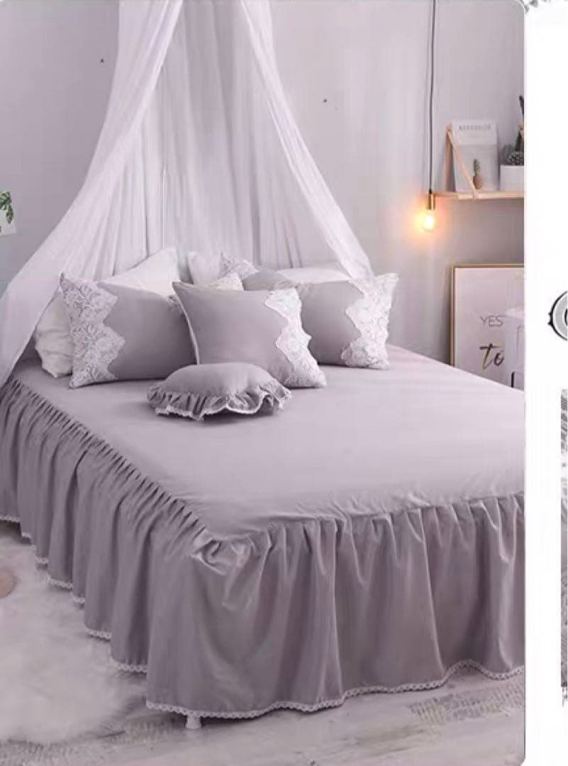グレー レース付き ベッドカバーセット ダブル
