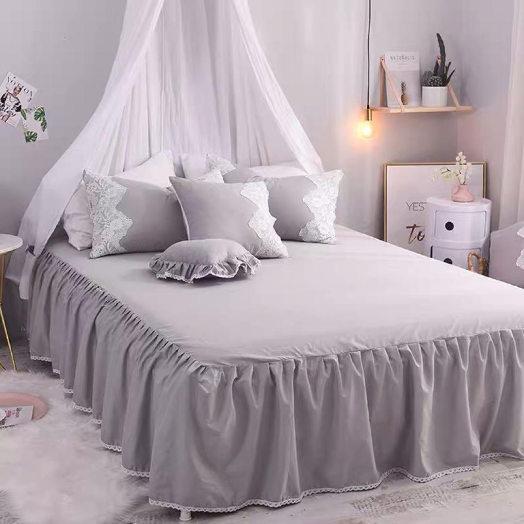 グレー レース付き ベッドカバーセット ダブル