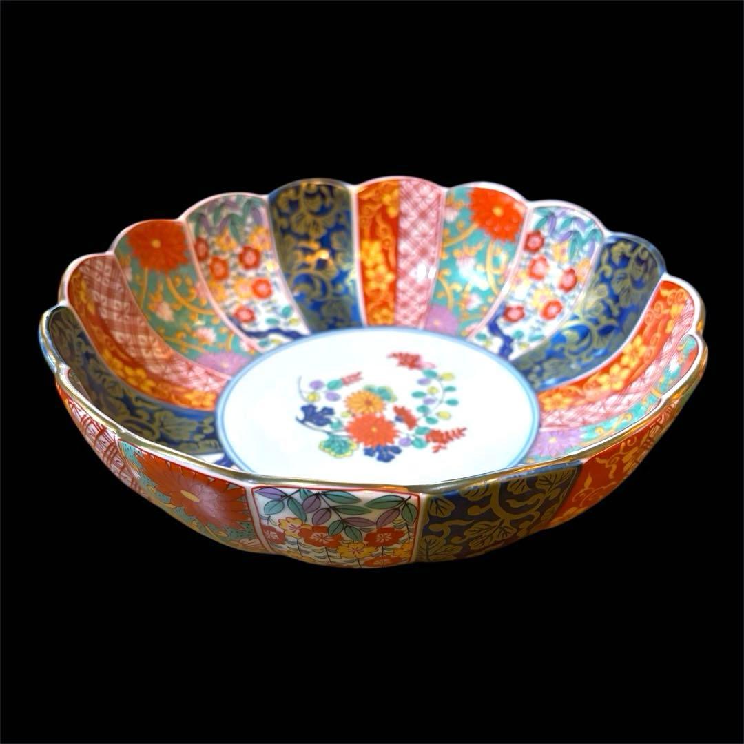 【美品】有田焼　清秀　元禄古伊万里　大鉢　輪花盛鉢　金彩色絵染錦　深皿　金襴手