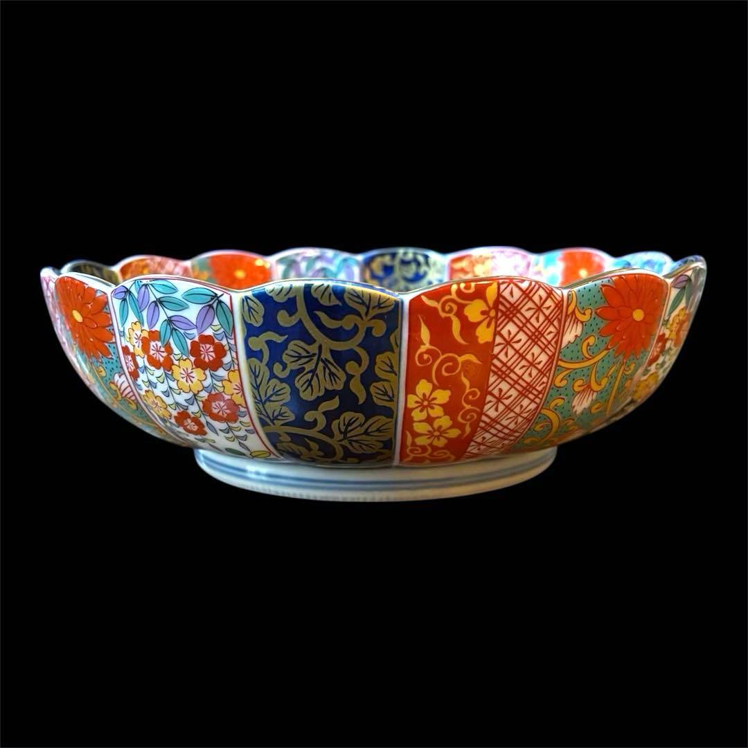 【美品】有田焼　清秀　元禄古伊万里　大鉢　輪花盛鉢　金彩色絵染錦　深皿　金襴手