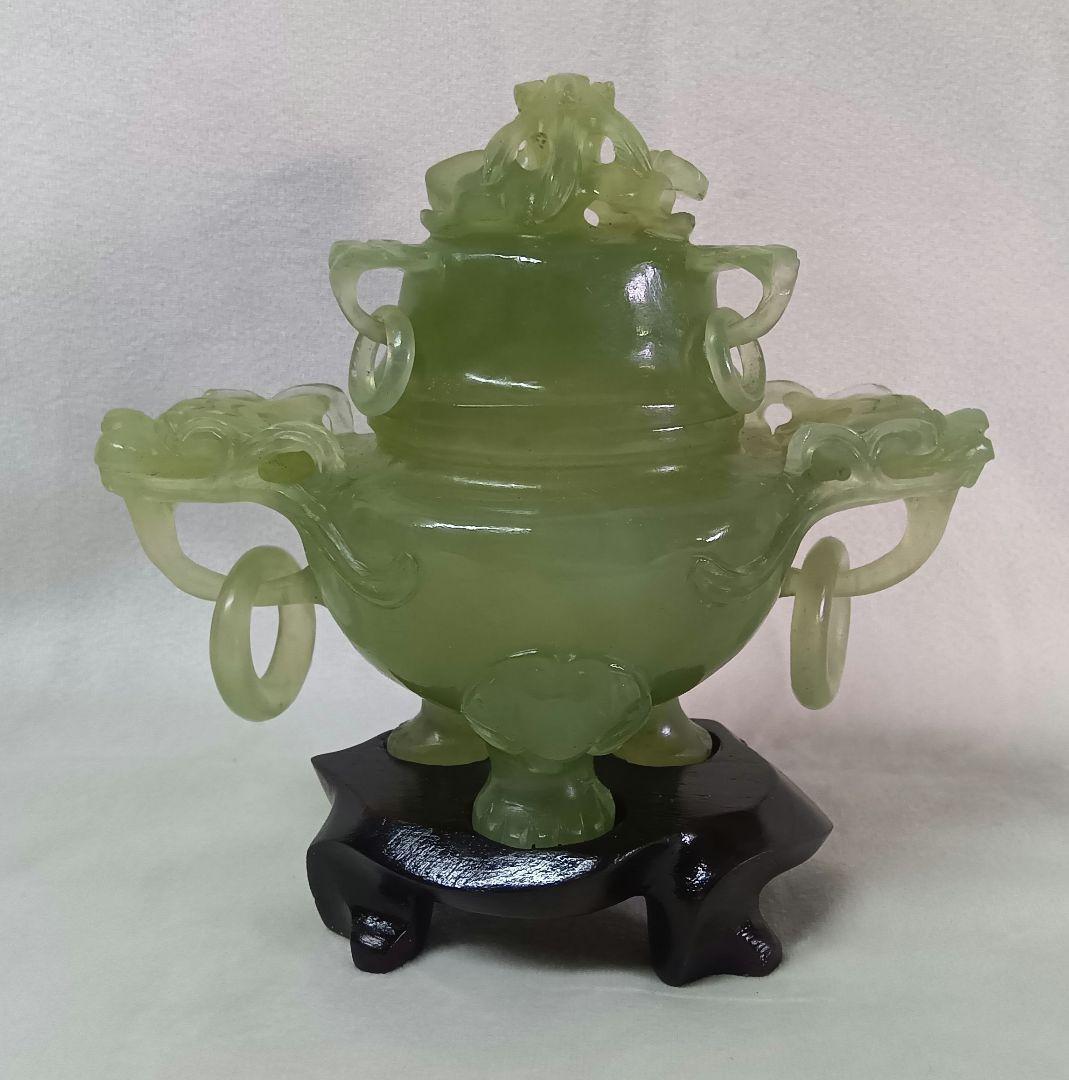 香炉 中国美術 三足香炉 緑石 軟玉 置物 台座付 古道具 アンティーク