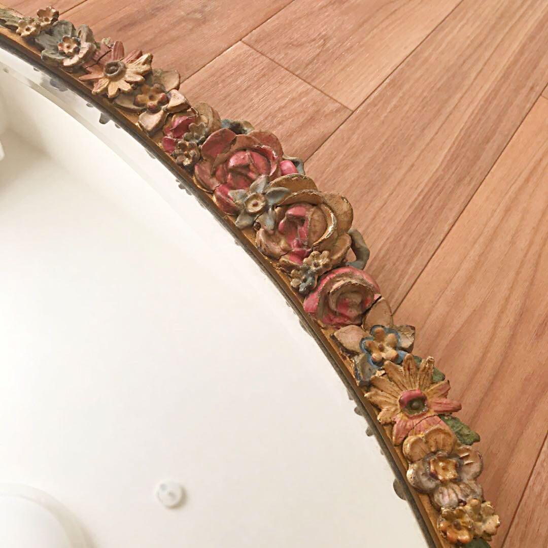 イギリスアンティーク☘️花装飾 壁掛けバーボラミラー オーバル型 英国鏡 送料込み