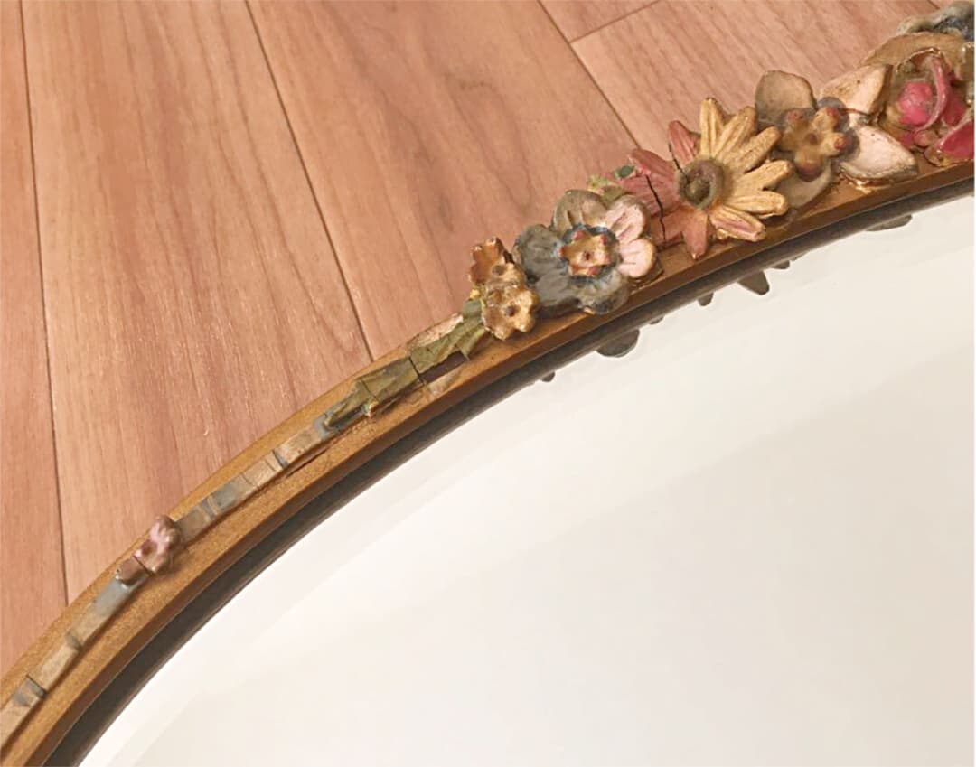 イギリスアンティーク☘️花装飾 壁掛けバーボラミラー オーバル型 英国鏡 送料込み