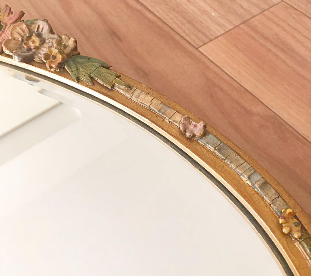 イギリスアンティーク☘️花装飾 壁掛けバーボラミラー オーバル型 英国鏡 送料込み