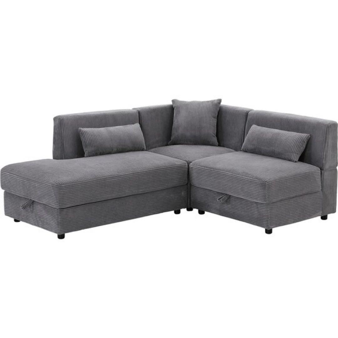 【高野真】グレー コーナーソファ 収納付き コーデュロイ