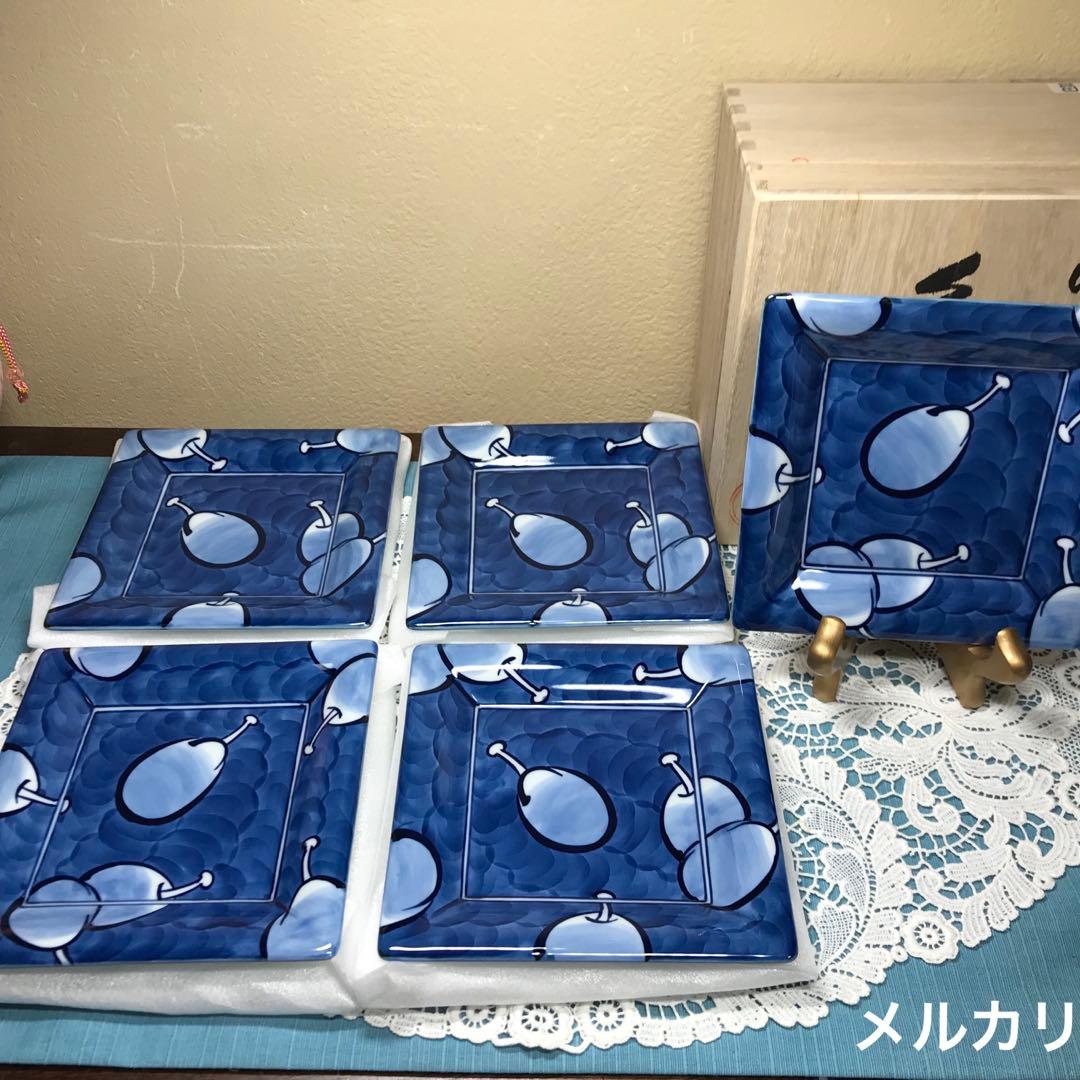 源右衛門窯 染濃プルーン文 角皿 5枚１セット　未使用品　木箱入り