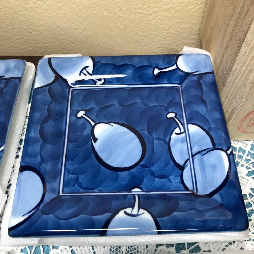 源右衛門窯 染濃プルーン文 角皿 5枚１セット　未使用品　木箱入り