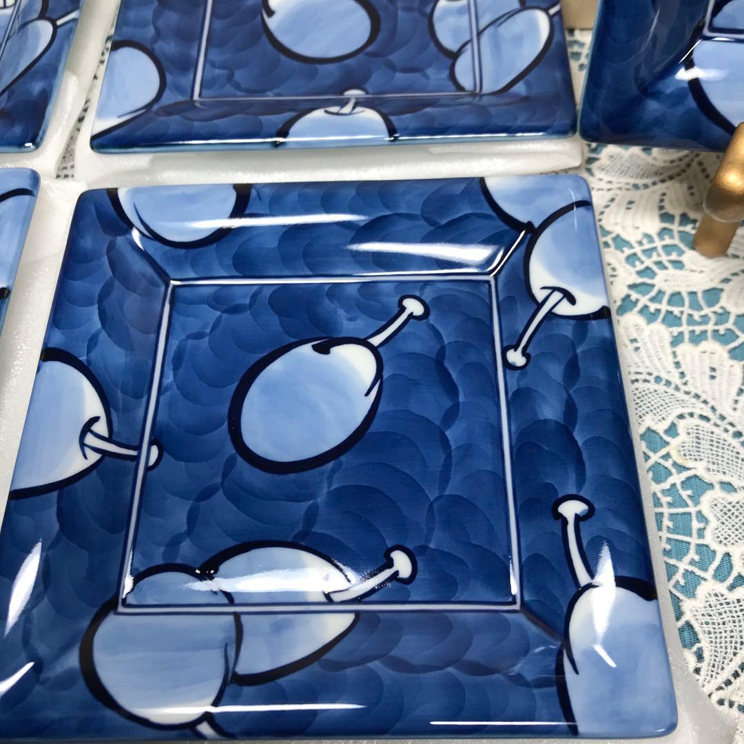 源右衛門窯 染濃プルーン文 角皿 5枚１セット　未使用品　木箱入り