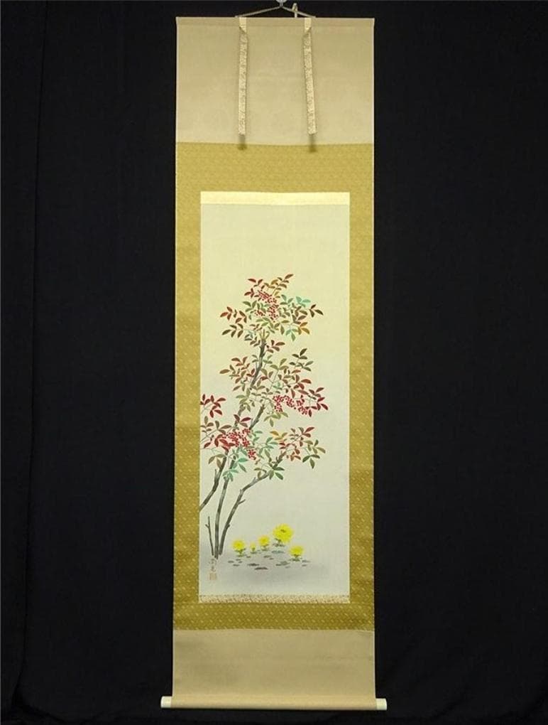 掛軸 小川尚堂『南天に福寿草図』日本画 絹本 肉筆 共箱付 掛け軸