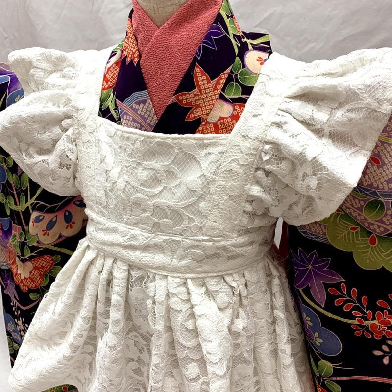 510ag60□七五三 三歳 アンティーク 着物&被布エプロン 松 芝 楓□美品