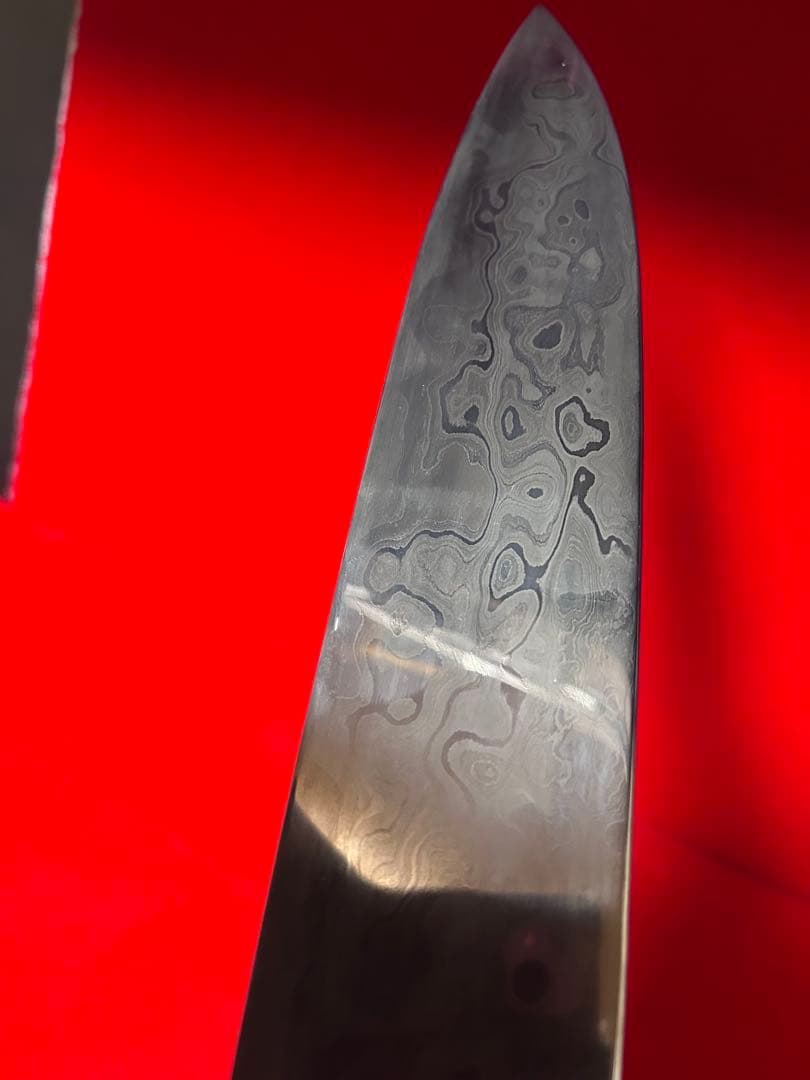 No.01392 包丁　和牛刀　重啓作　折り返し￼鍛錬　墨流　雲流　三枚打