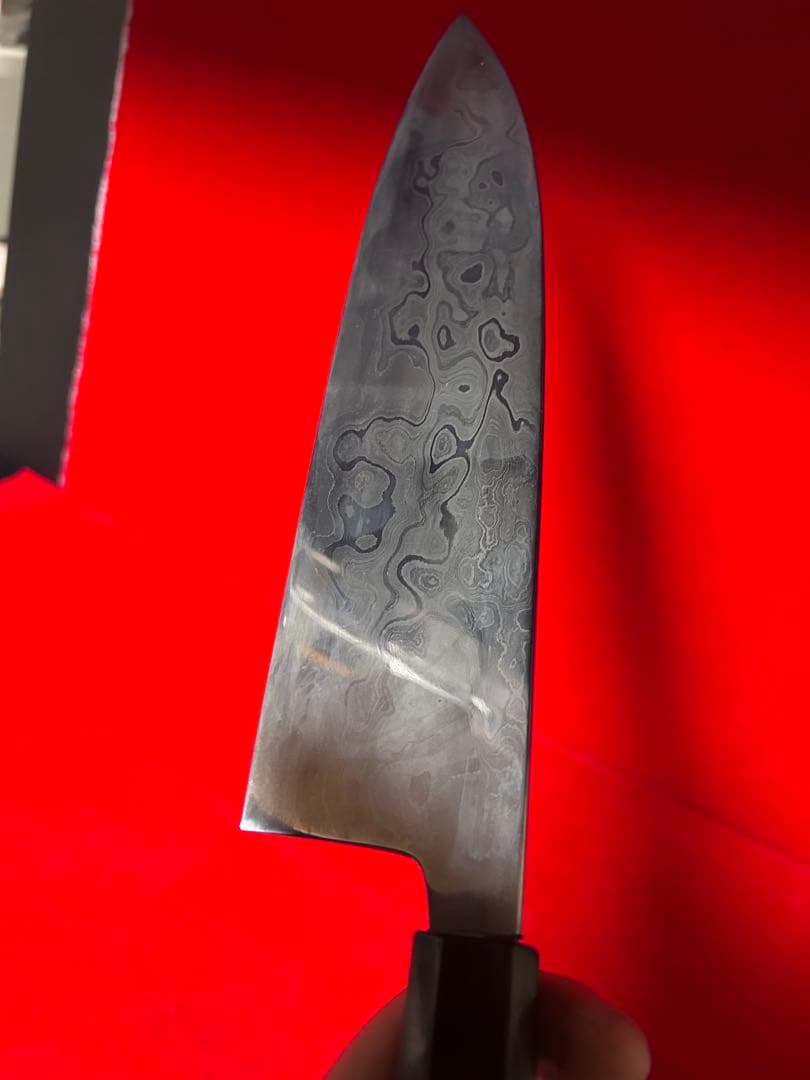 No.01392 包丁　和牛刀　重啓作　折り返し￼鍛錬　墨流　雲流　三枚打