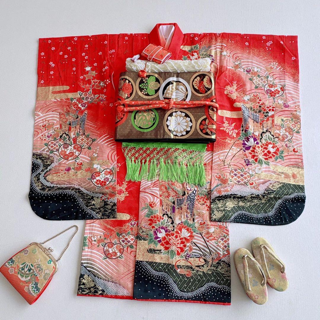 フルセット　七五三７歳女の子　赤地花御所車　黒地袋帯　蝶鶴菊　簡単半衿　7106