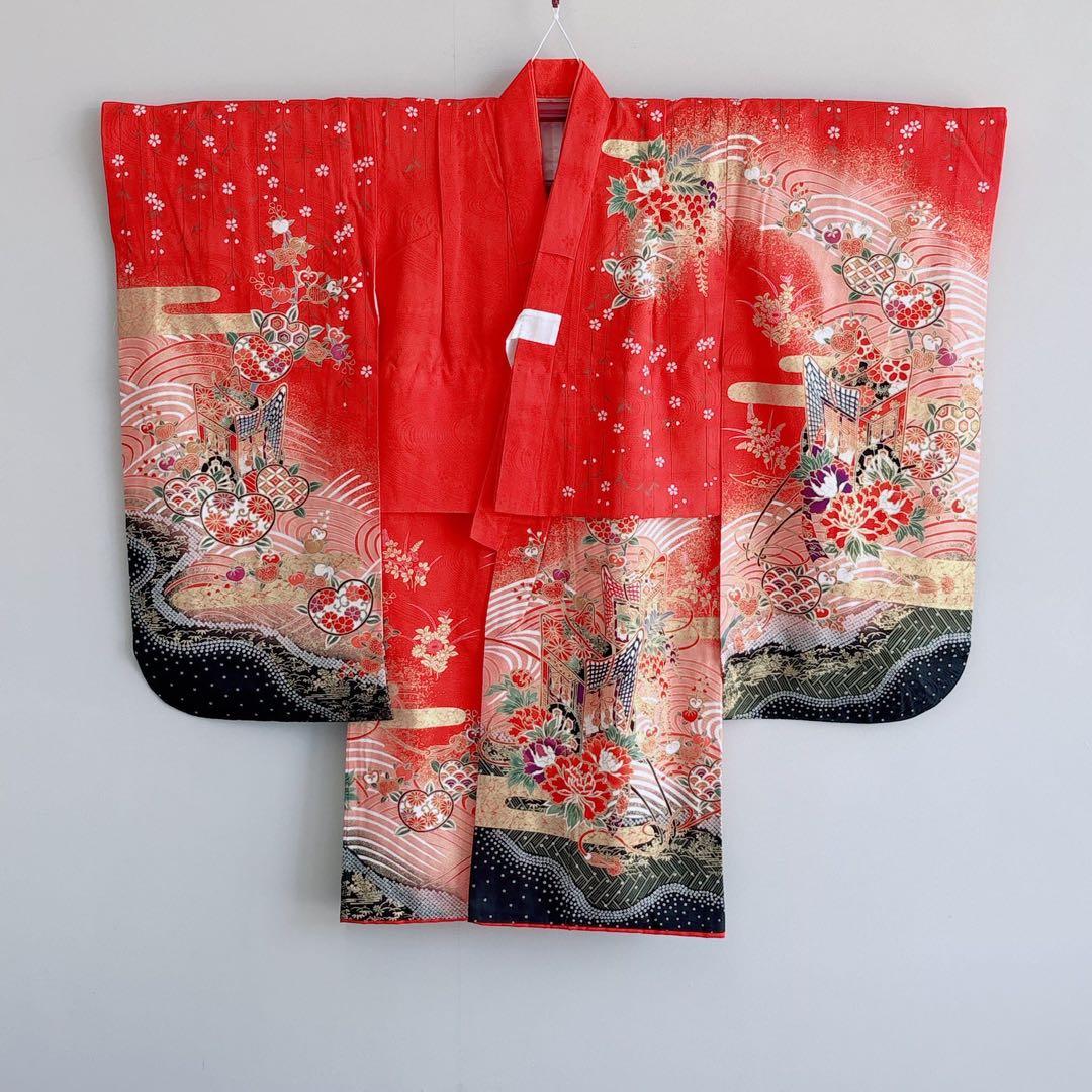 フルセット　七五三７歳女の子　赤地花御所車　黒地袋帯　蝶鶴菊　簡単半衿　7106