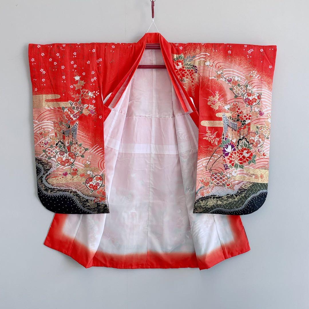フルセット　七五三７歳女の子　赤地花御所車　黒地袋帯　蝶鶴菊　簡単半衿　7106