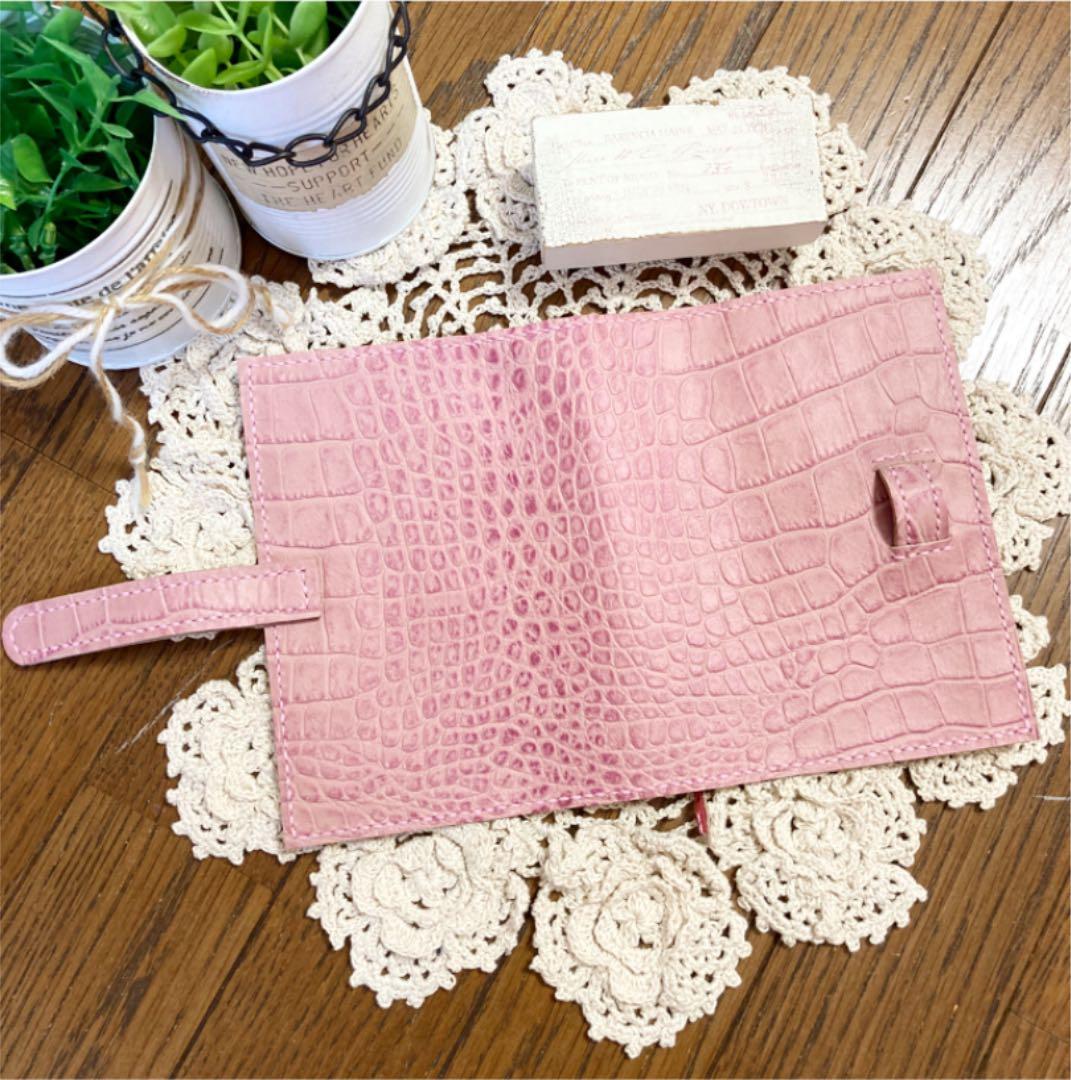 ご確認用　A6文庫本カバー　牛革クロコ型押し　桜ピンク　本革　レザー　手帳カバー