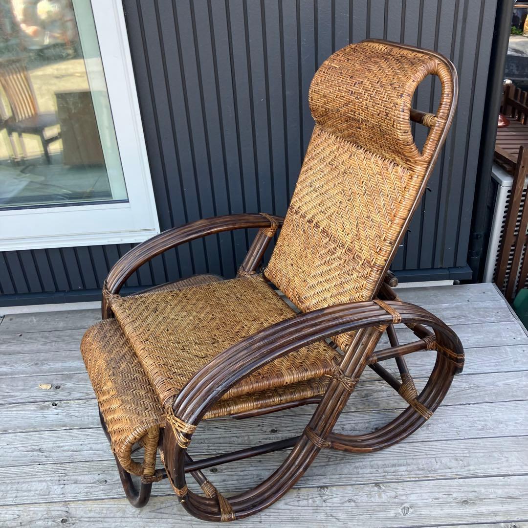 昭和レトロ ラタンリクライニングチェア 1人掛けソファー オットマン付き 籐家具