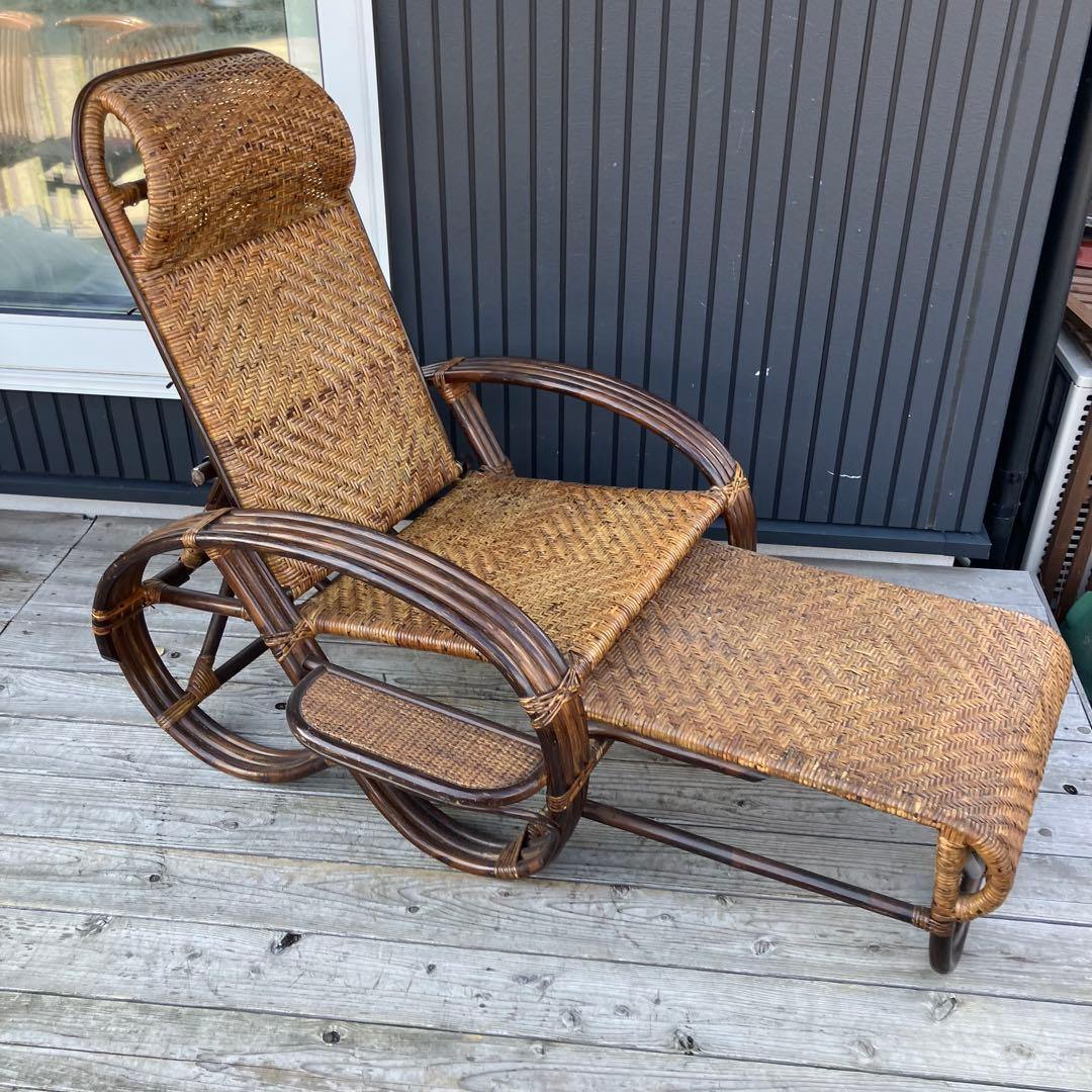昭和レトロ ラタンリクライニングチェア 1人掛けソファー オットマン付き 籐家具