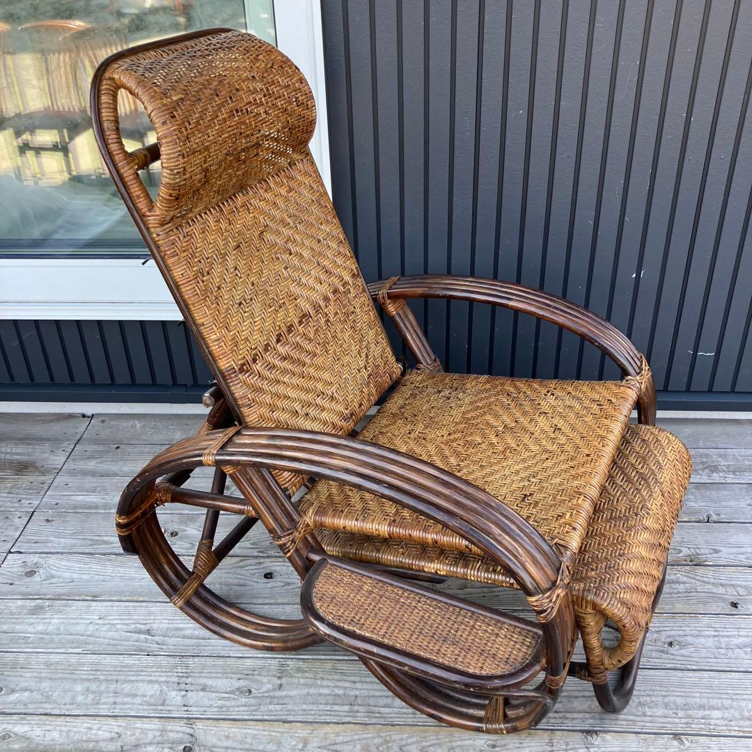 昭和レトロ ラタンリクライニングチェア 1人掛けソファー オットマン付き 籐家具