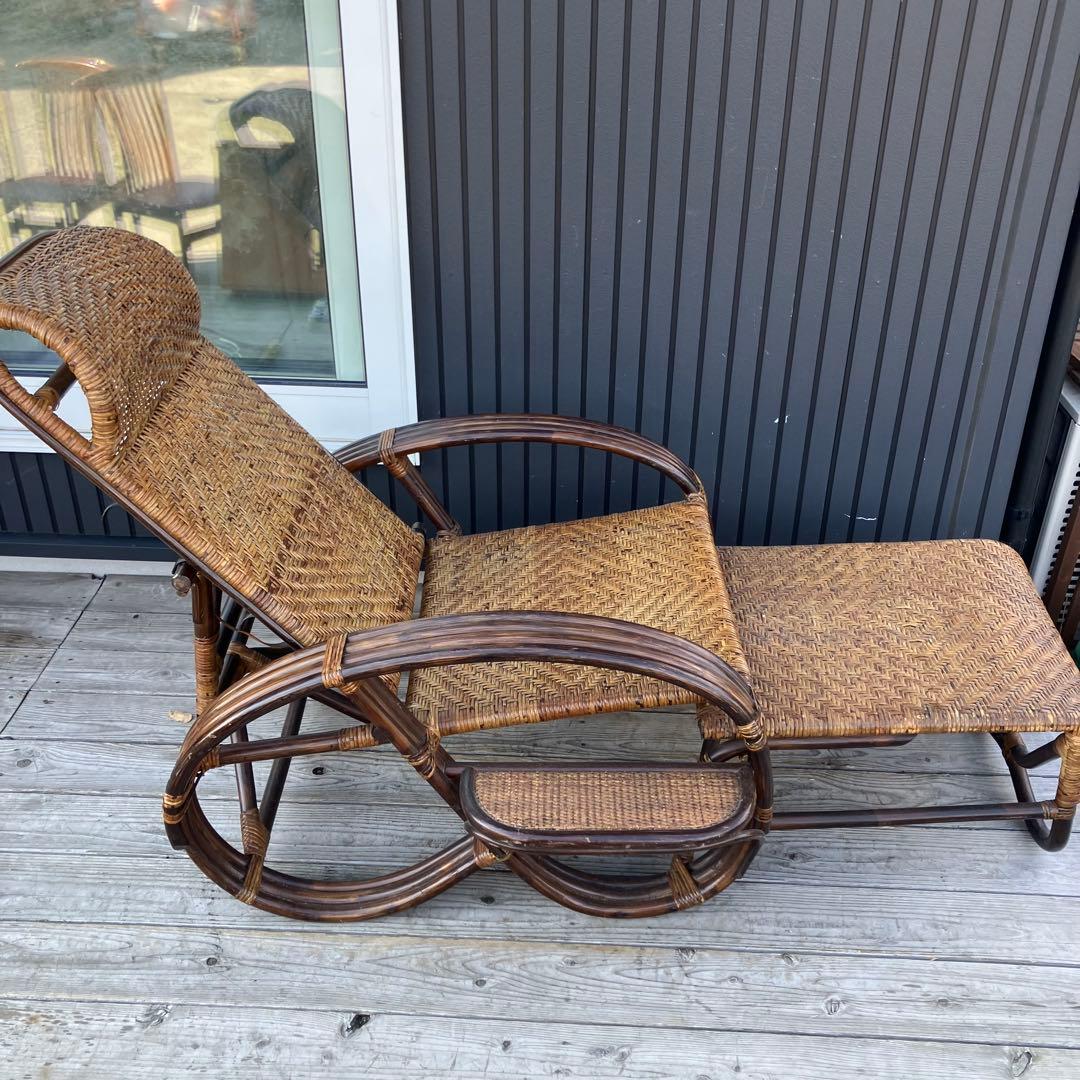昭和レトロ ラタンリクライニングチェア 1人掛けソファー オットマン付き 籐家具