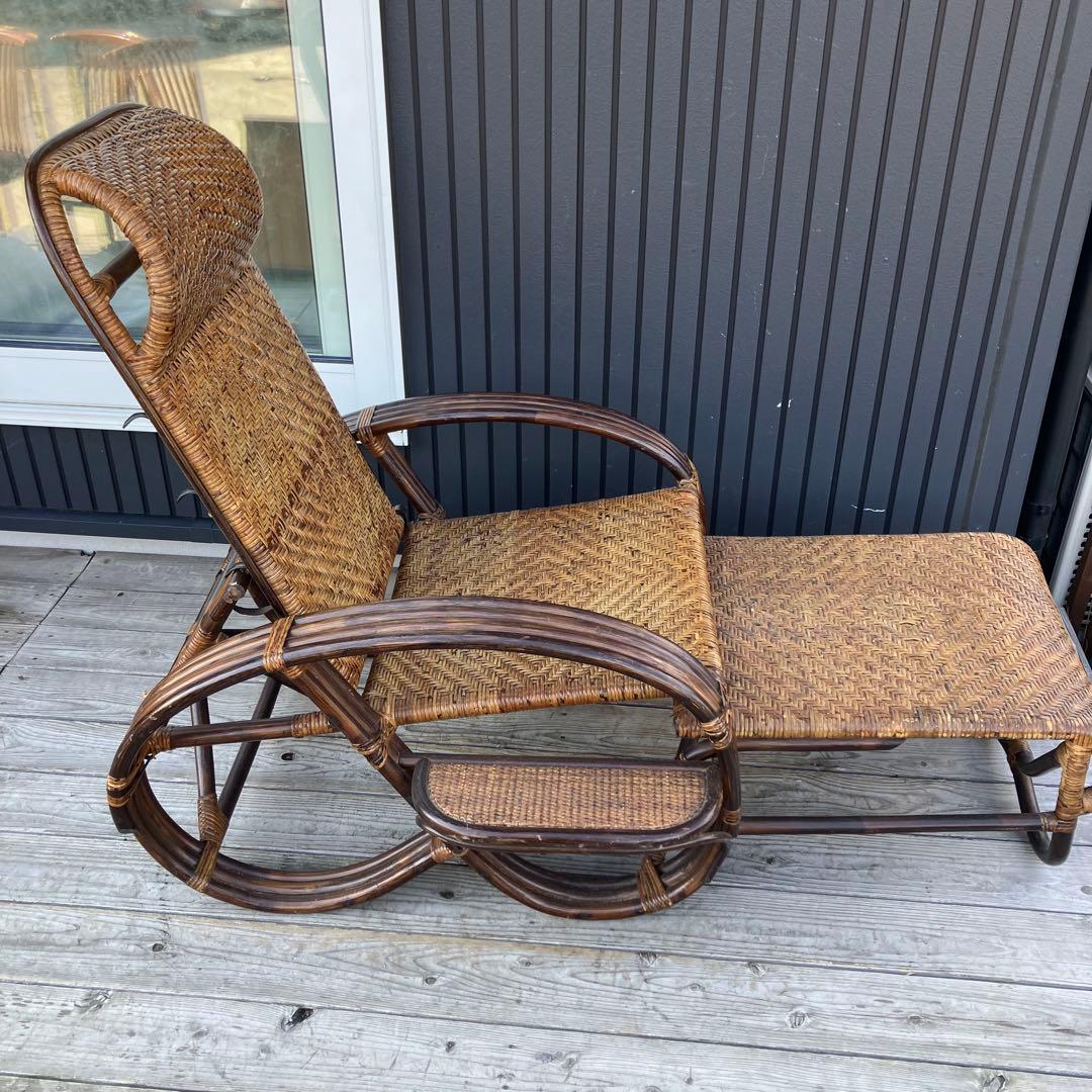 昭和レトロ ラタンリクライニングチェア 1人掛けソファー オットマン付き 籐家具