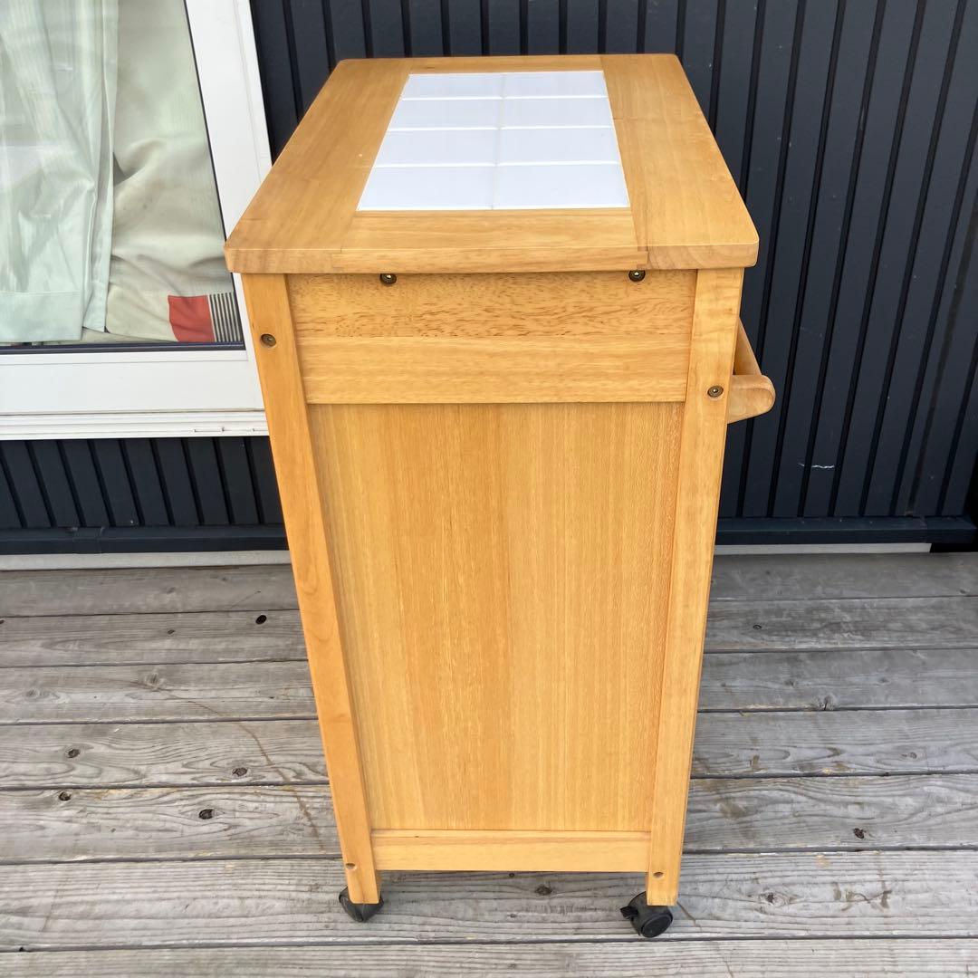 ①北欧レトロ アイリスオーヤマ 木製 タイル張り キッチンワゴン ダストボックス