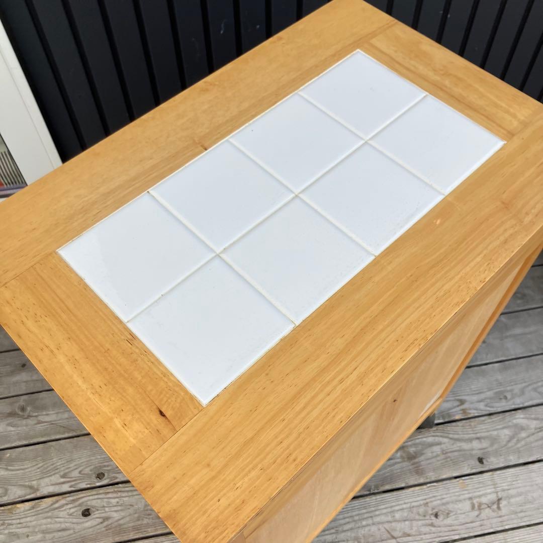 ①北欧レトロ アイリスオーヤマ 木製 タイル張り キッチンワゴン ダストボックス