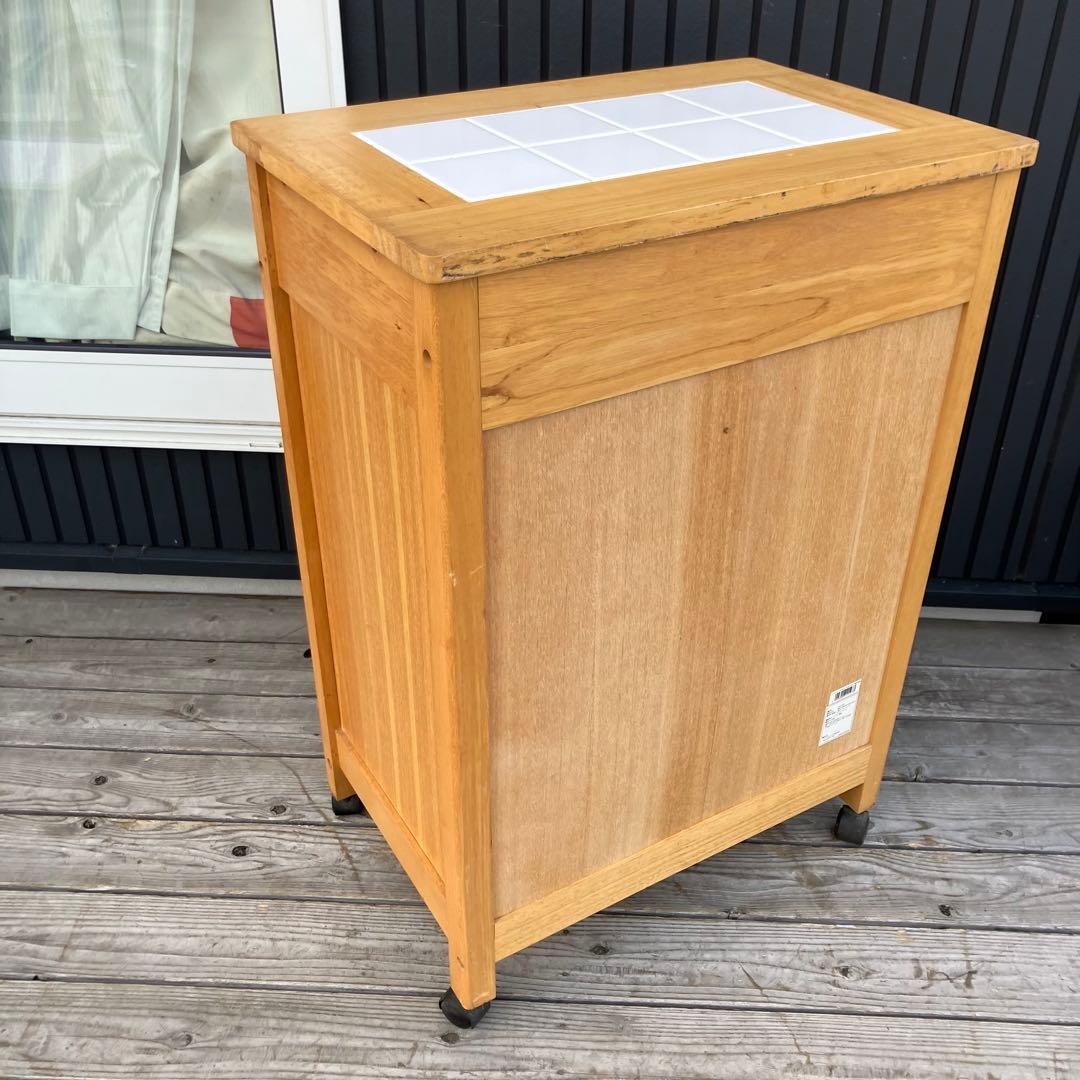 ①北欧レトロ アイリスオーヤマ 木製 タイル張り キッチンワゴン ダストボックス