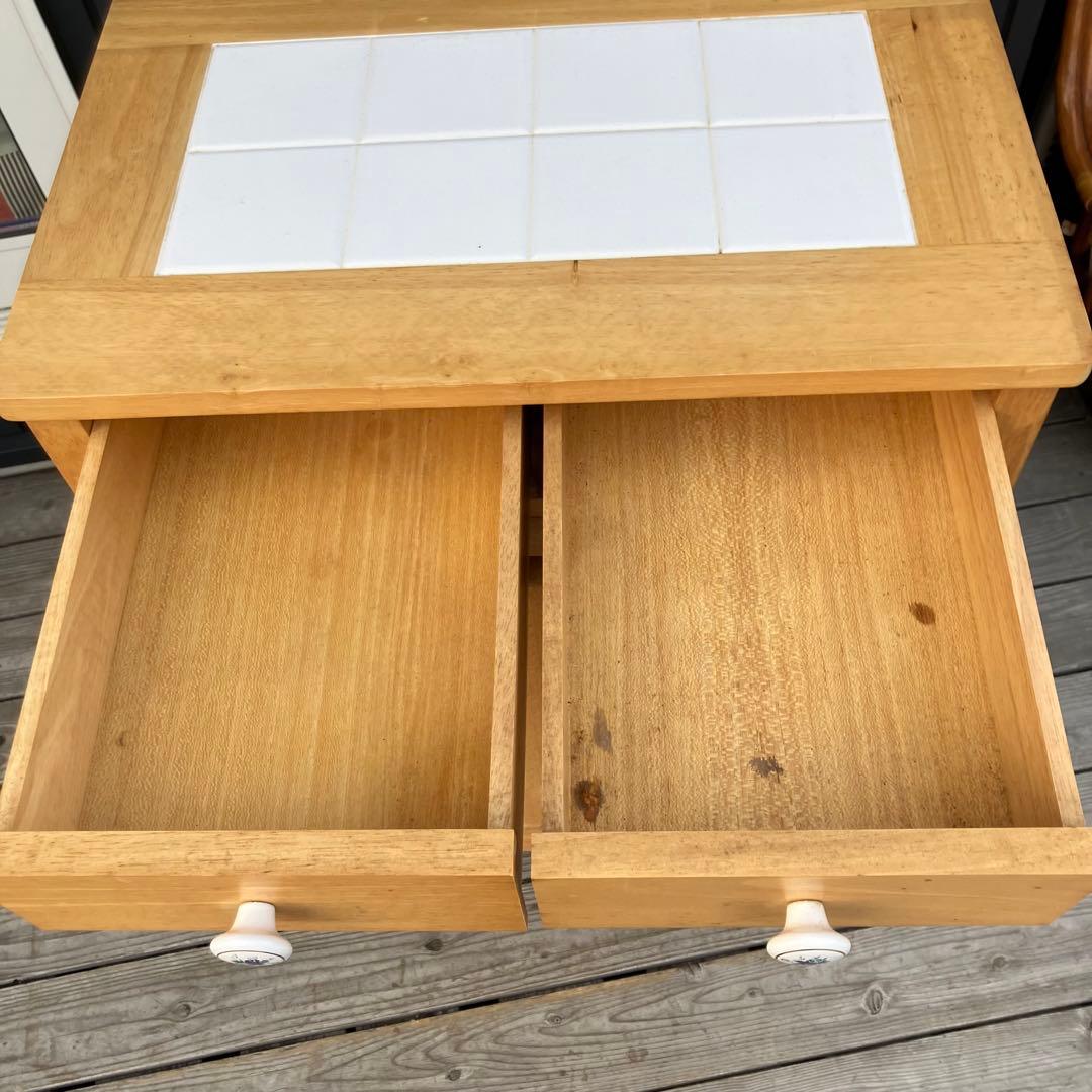 ①北欧レトロ アイリスオーヤマ 木製 タイル張り キッチンワゴン ダストボックス