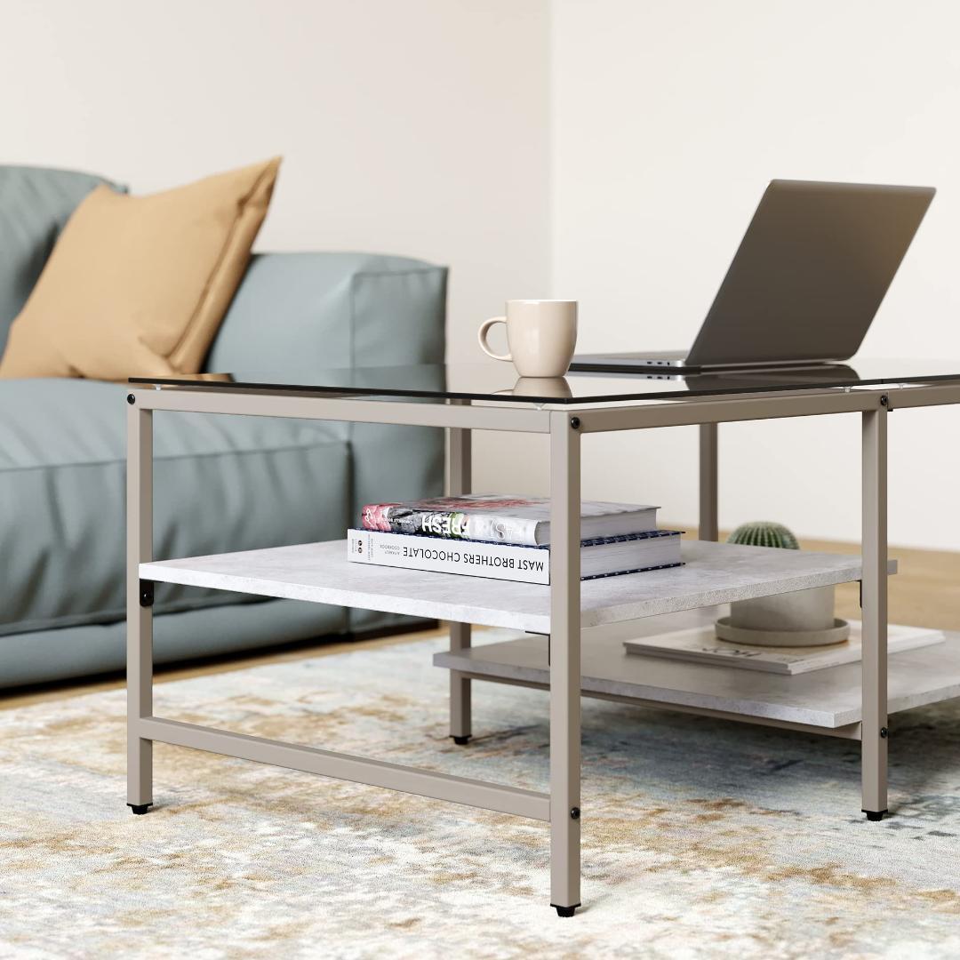 おしゃれなローテーブル - ガラス天板・木製棚付き