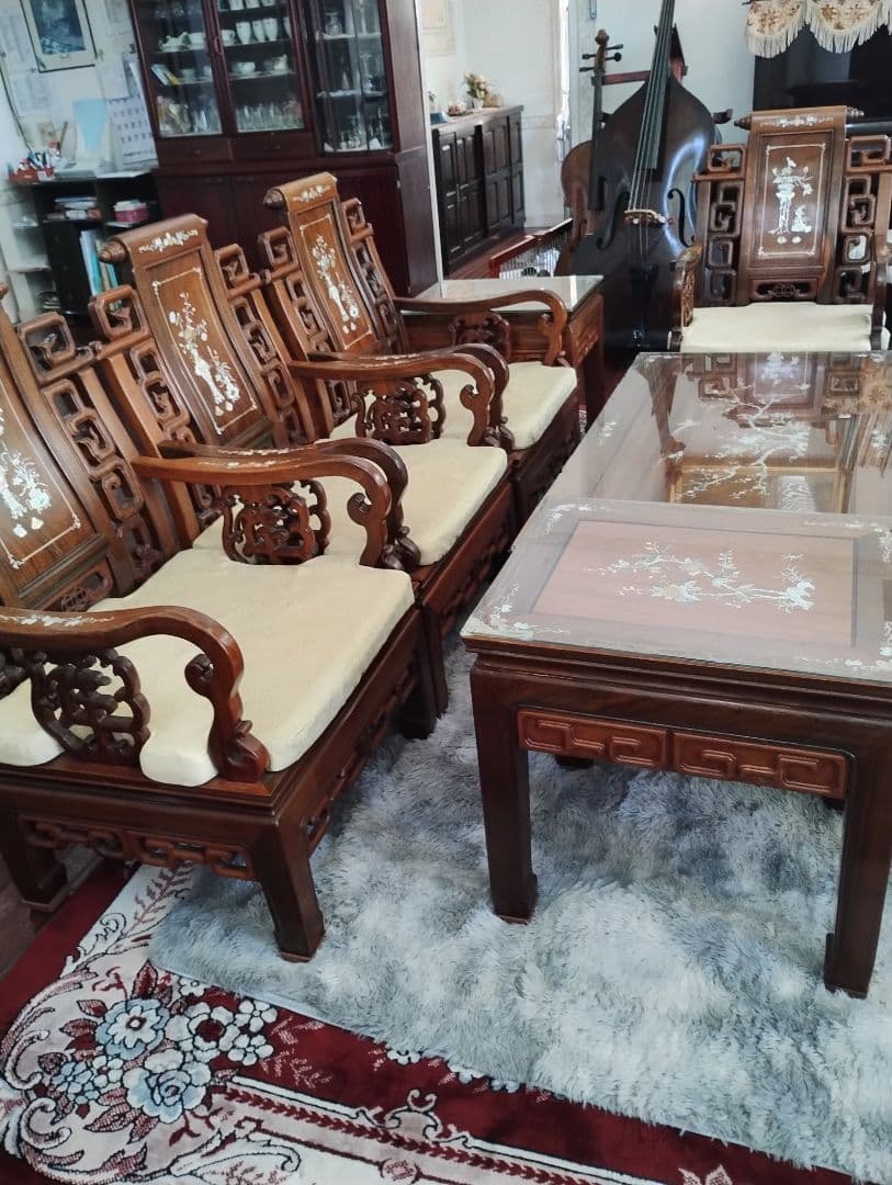 アジアンスタイル螺鈿の木製家具セット