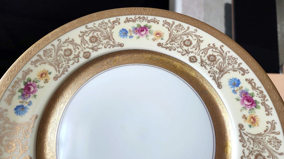 希少 金彩 プレート 手描き ピカード装飾 ドレスデンブーケ