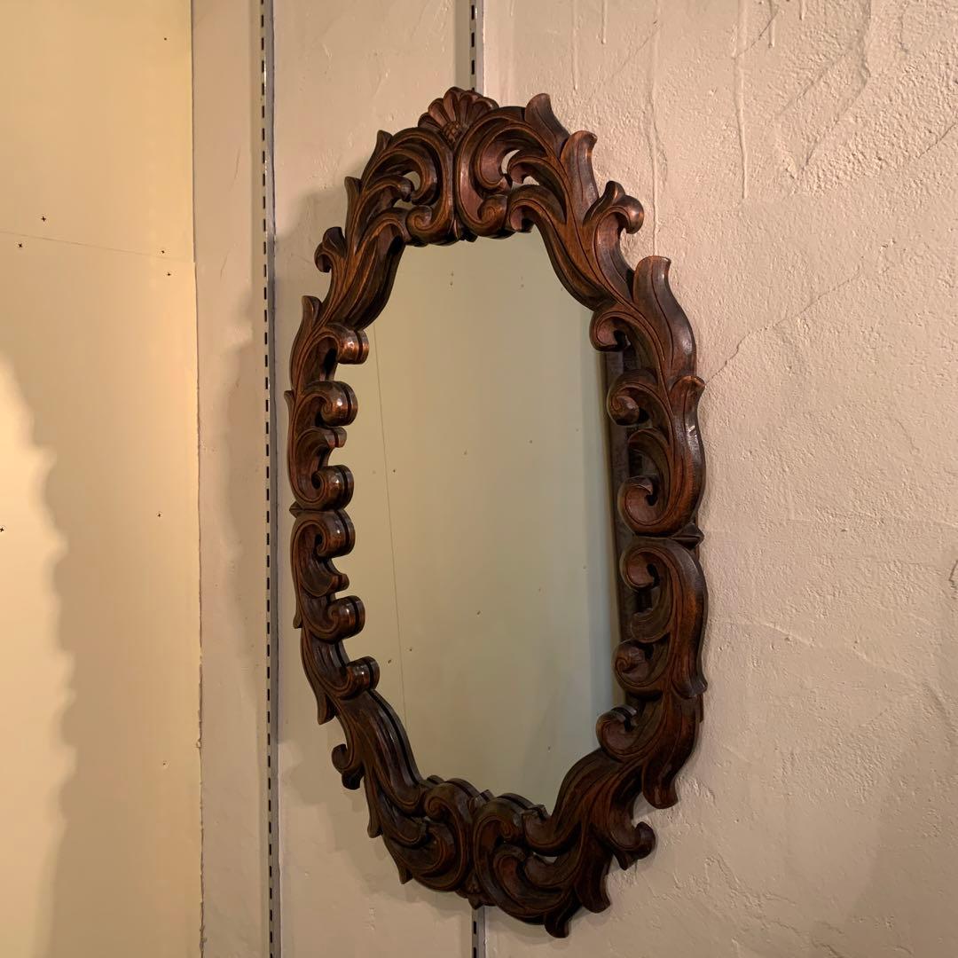 鏡　アンティーク　ビンテージ　ミラー　ウッドフレーム