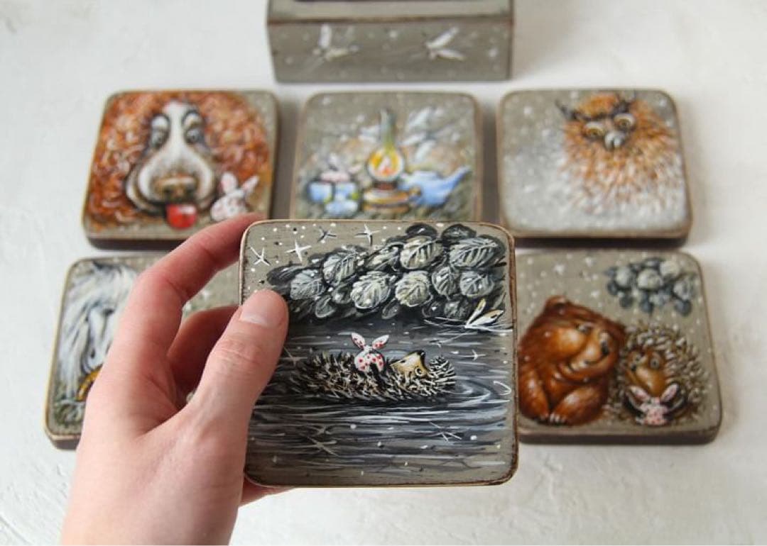 ロシア雑貨☆『霧の中のハリネズミ』コースター6枚&専用Boxマトリョーシカ