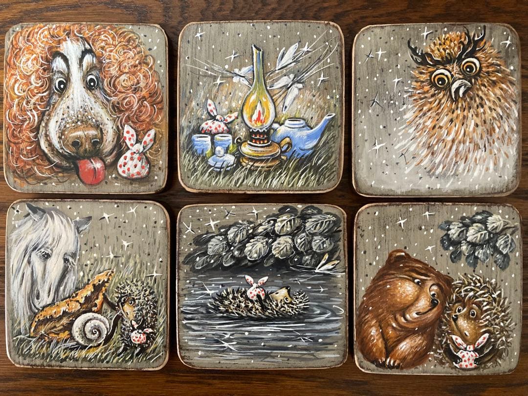 ロシア雑貨☆『霧の中のハリネズミ』コースター6枚&専用Boxマトリョーシカ