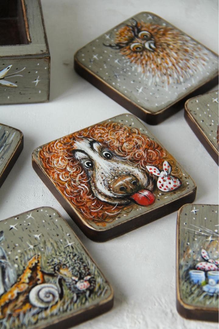 ロシア雑貨☆『霧の中のハリネズミ』コースター6枚&専用Boxマトリョーシカ