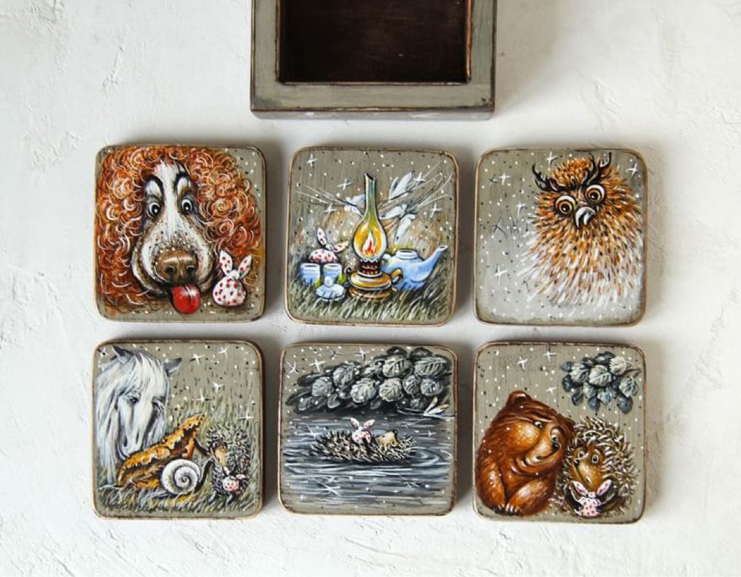 ロシア雑貨☆『霧の中のハリネズミ』コースター6枚&専用Boxマトリョーシカ