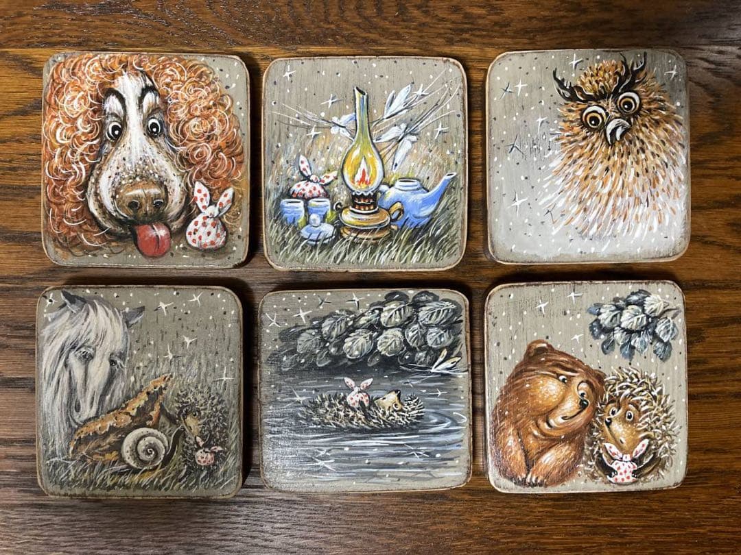 ロシア雑貨☆『霧の中のハリネズミ』コースター6枚&専用Boxマトリョーシカ