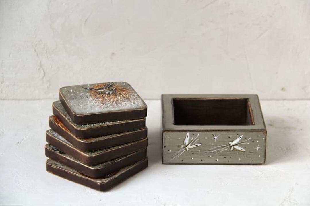 ロシア雑貨☆『霧の中のハリネズミ』コースター6枚&専用Boxマトリョーシカ