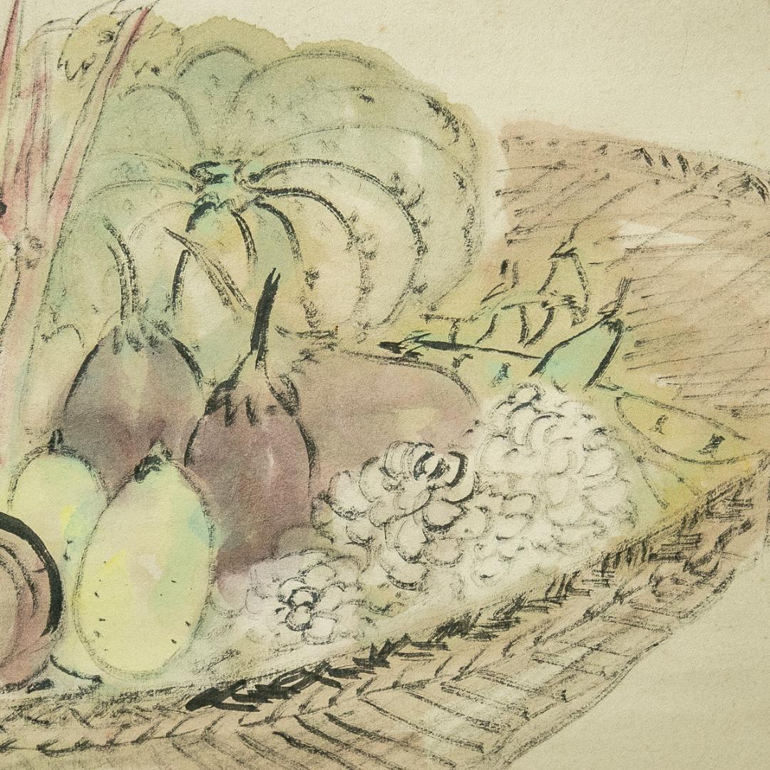 掛軸-1645 天龍寺 関清拙 賛 野原桜洲 画 野菜籠森 共