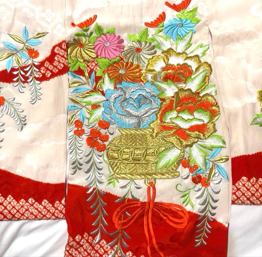 七五三直前割引【高級】お宮参り 七五三 3歳 着物セット 紅白 金駒刺繍 絞り
