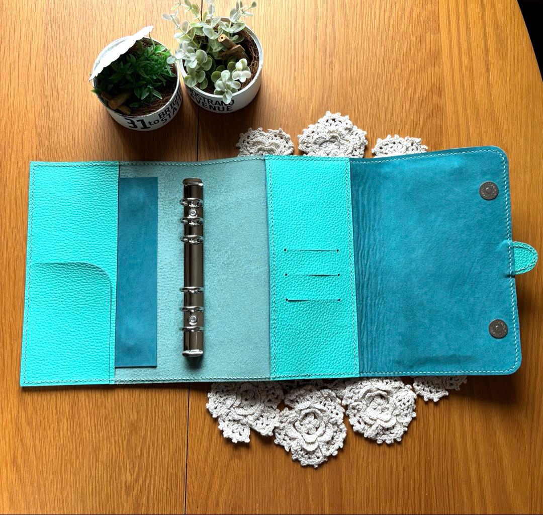 幅広バイブル システム手帳　牛革　ティファニーブルー　レザー フルカバー 本革