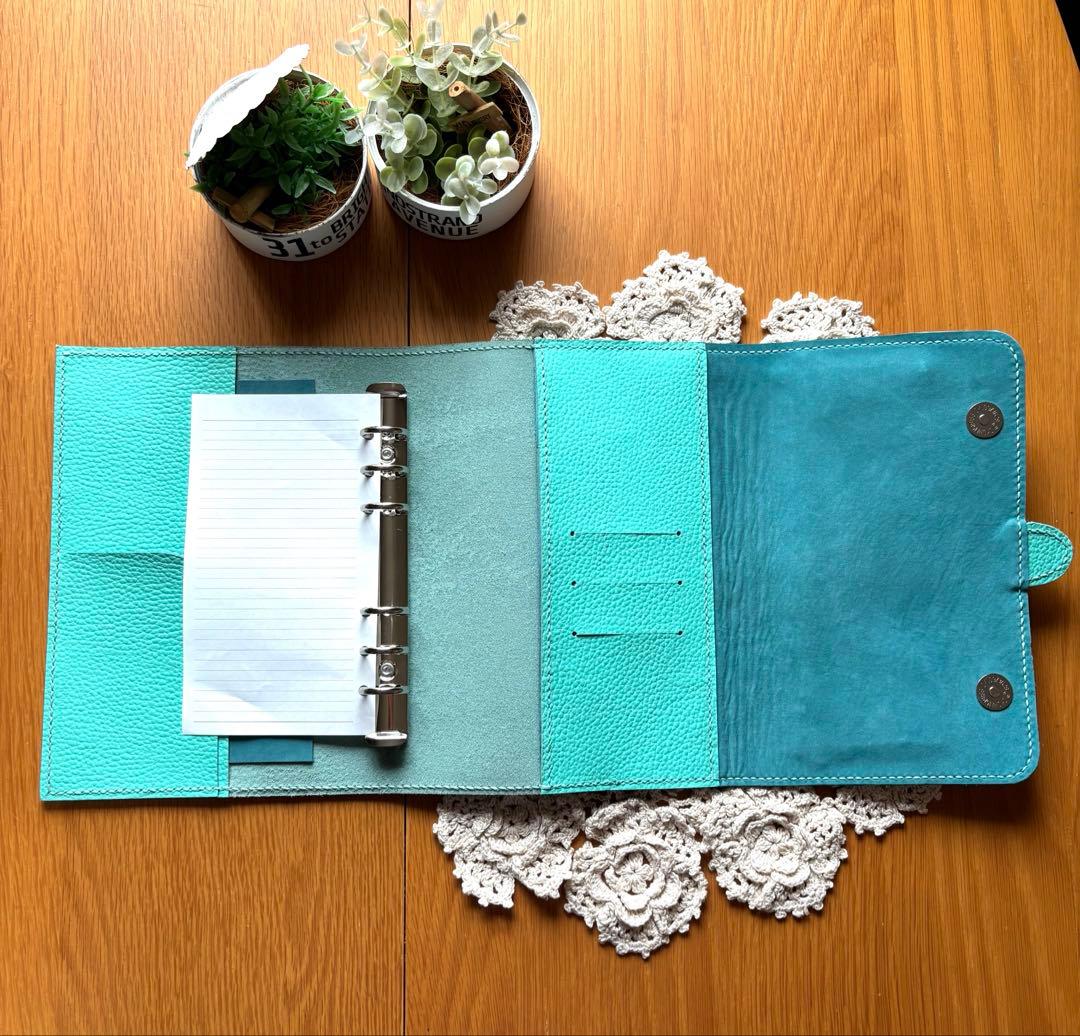 幅広バイブル システム手帳　牛革　ティファニーブルー　レザー フルカバー 本革