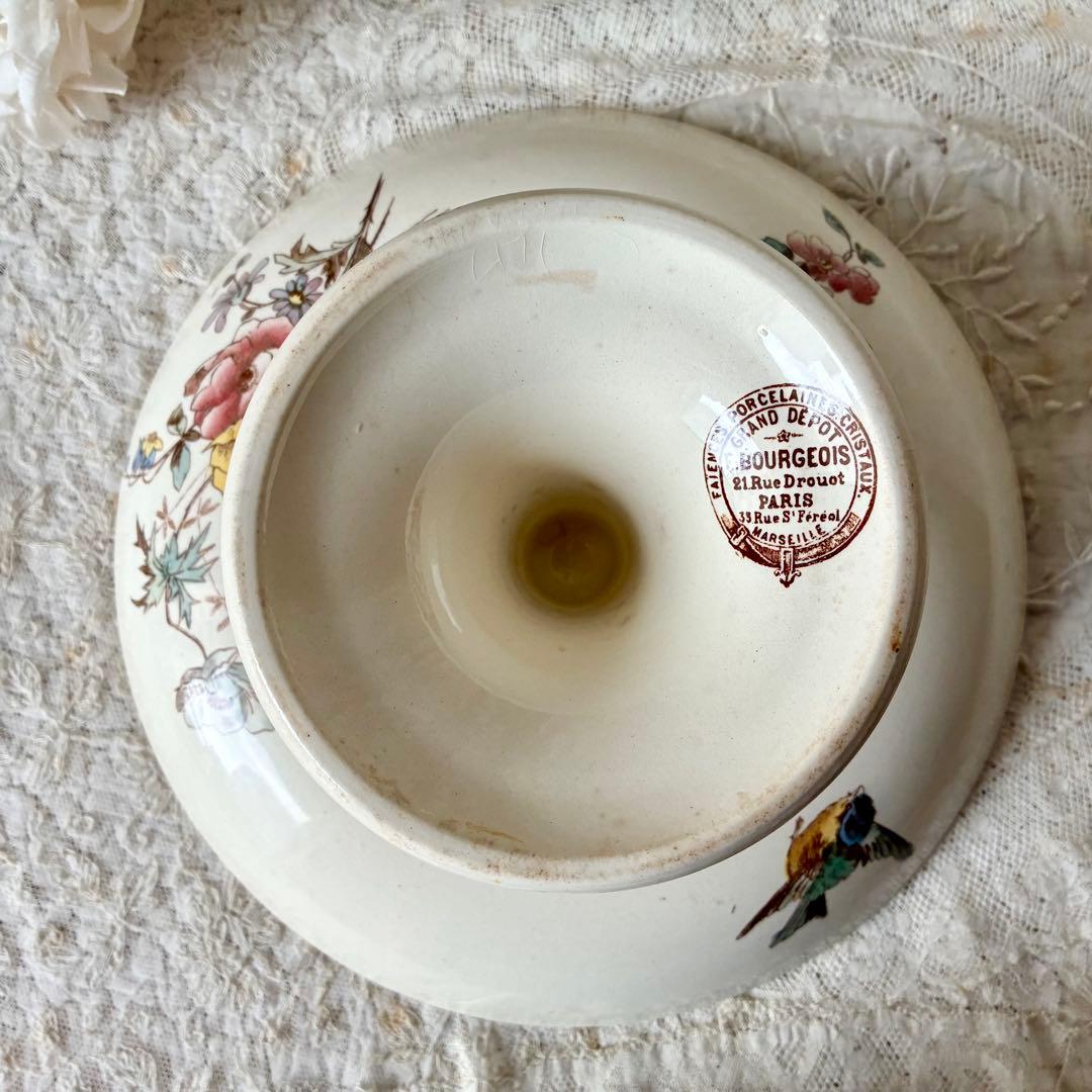 エミールブルジョワ 手彩色花鳥柄コンポティエ コンポートフランス