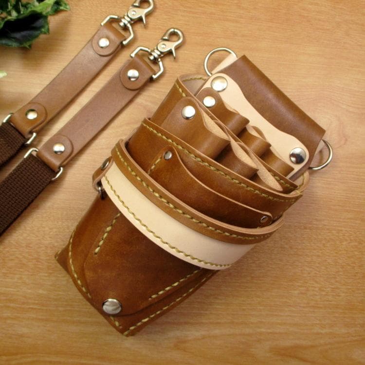 手染めキャメル＆ナチュラル 6丁差し 本革シザーケース SCA-158/NCA