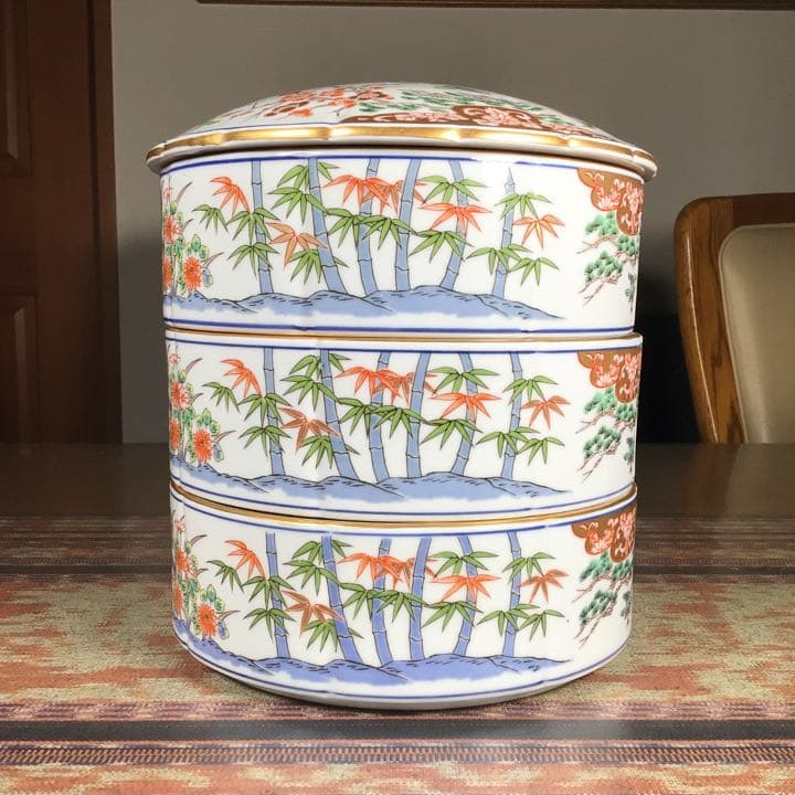 骨董品　有田焼　弥右エ門　『古伊万里飛鳥　重ね鉢』　特大　三段重